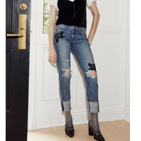 Joe's The Smith Straight Ankle Jeans Blue Denim Applique Ripped Size 27 - Picture 1 of 14